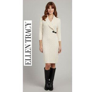 ELLEN TRACY - Classic ivory cable knit sweater dress with buckle detail